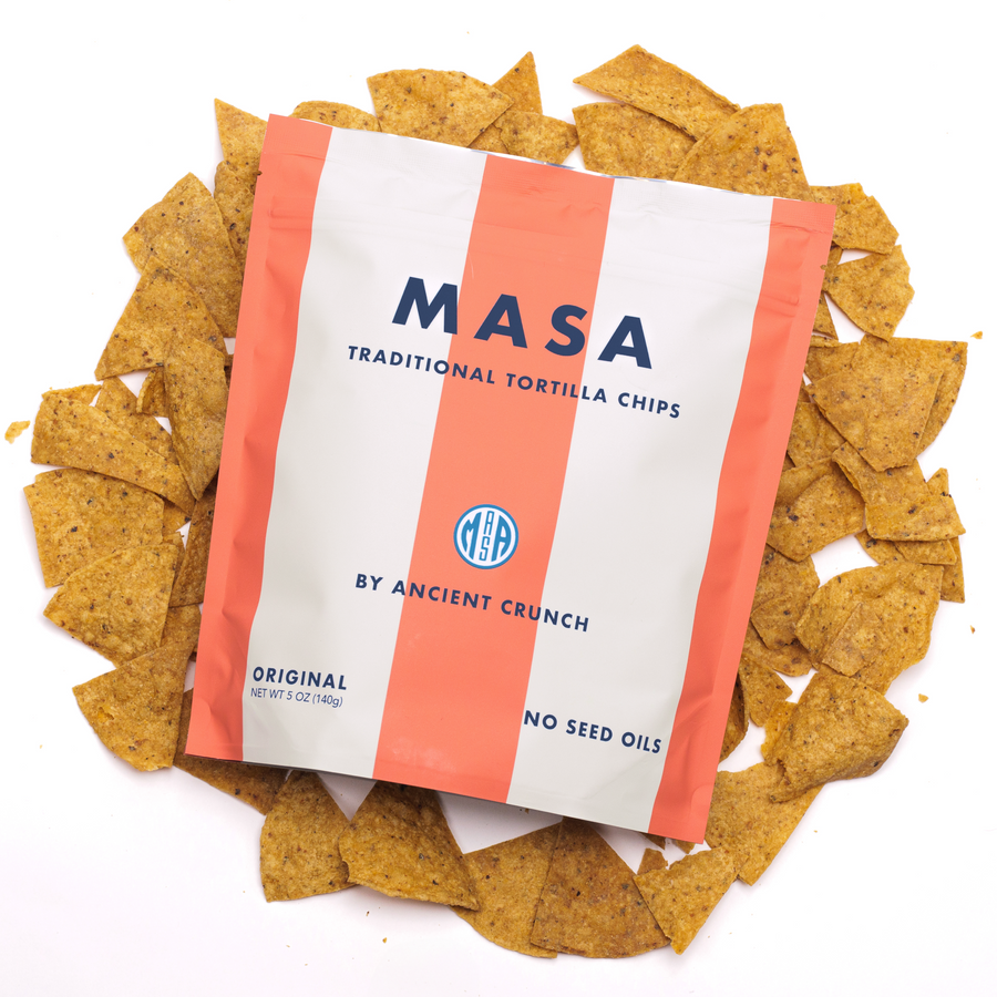 MASA Original tortilla chips and striped bag