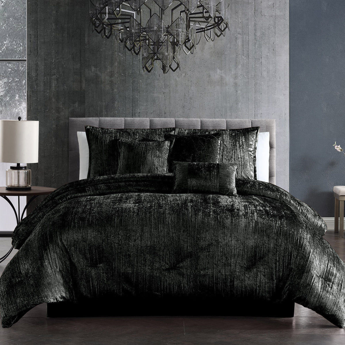 WONDERWALL 'Une Collection' Black Crinkle Velvet Comforter Set with Plush Fill - 7 Piece