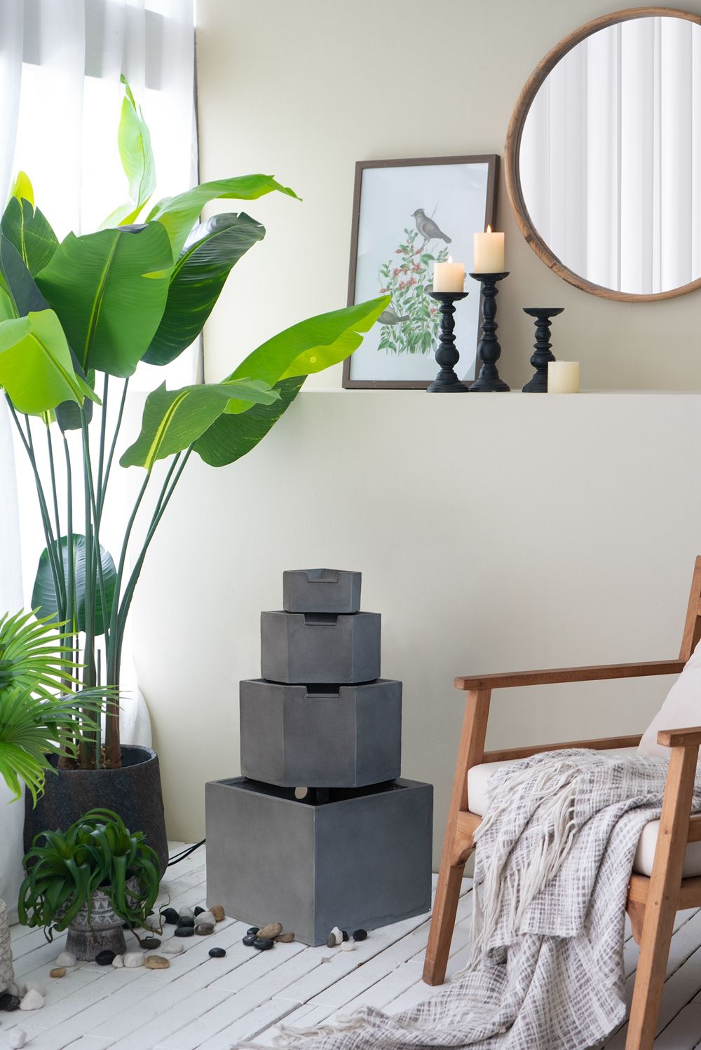 WONDERWALL 'Une Collection' Cement 4 Tier Block Water Fountain with Modern Design - Gray