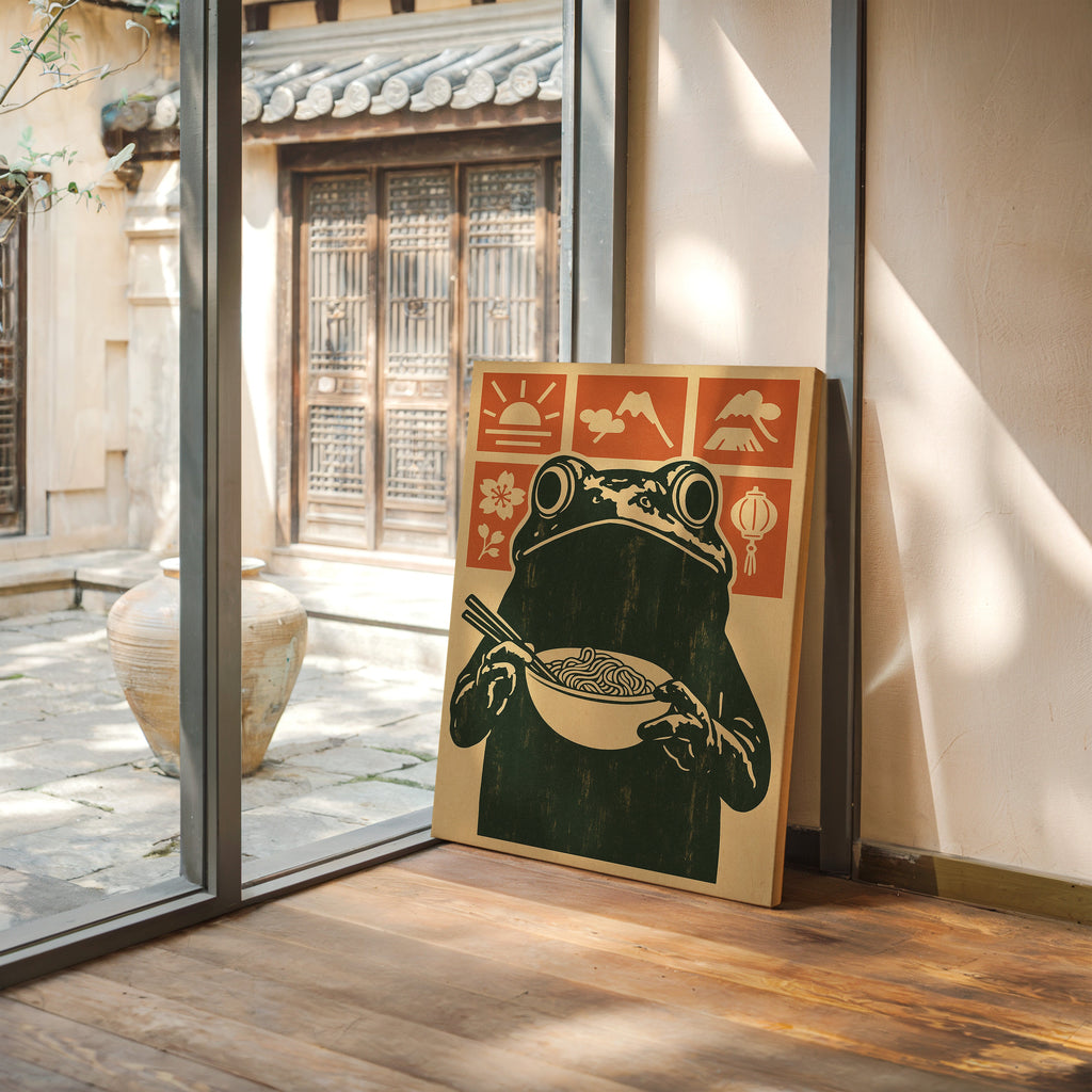 Ramen Frog Art in Retro Woodblock Style
