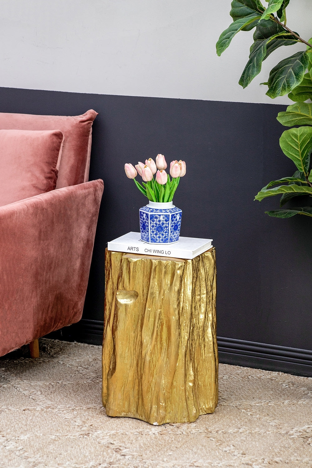 WONDERWALL 'Une Collection' Unique Golden Tree Trunk Stool with Antique Gold Distressed Finish