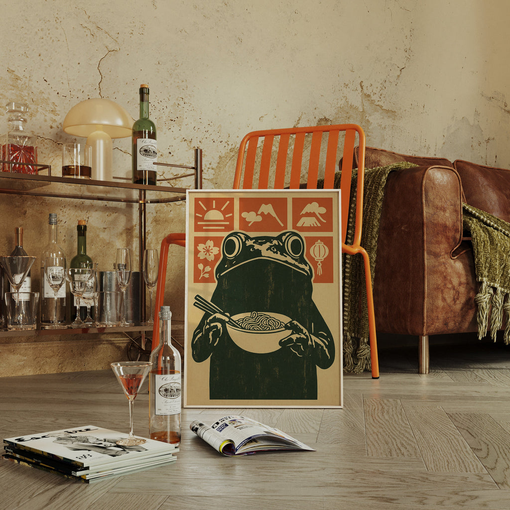 Ramen Frog Art in Retro Woodblock Style