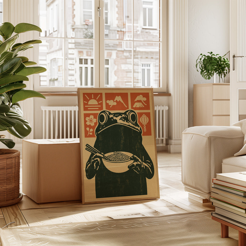 Ramen Frog Art in Retro Woodblock Style