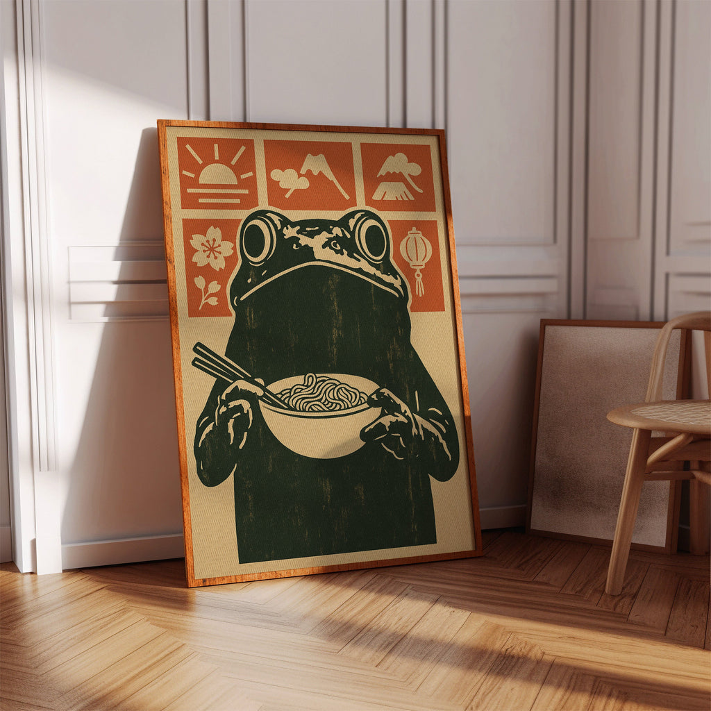 Ramen Frog Art in Retro Woodblock Style