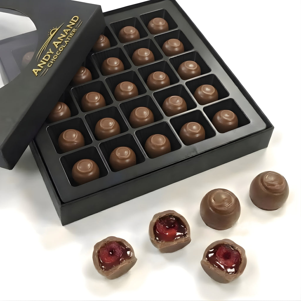 Andy Anand Sugar - Free Belgian Dark Chocolate Cherry Cordials Truffles, 25 pc – Plant - Based, Liquid Center, Diabetic - Friendly, Birthday Gift Box