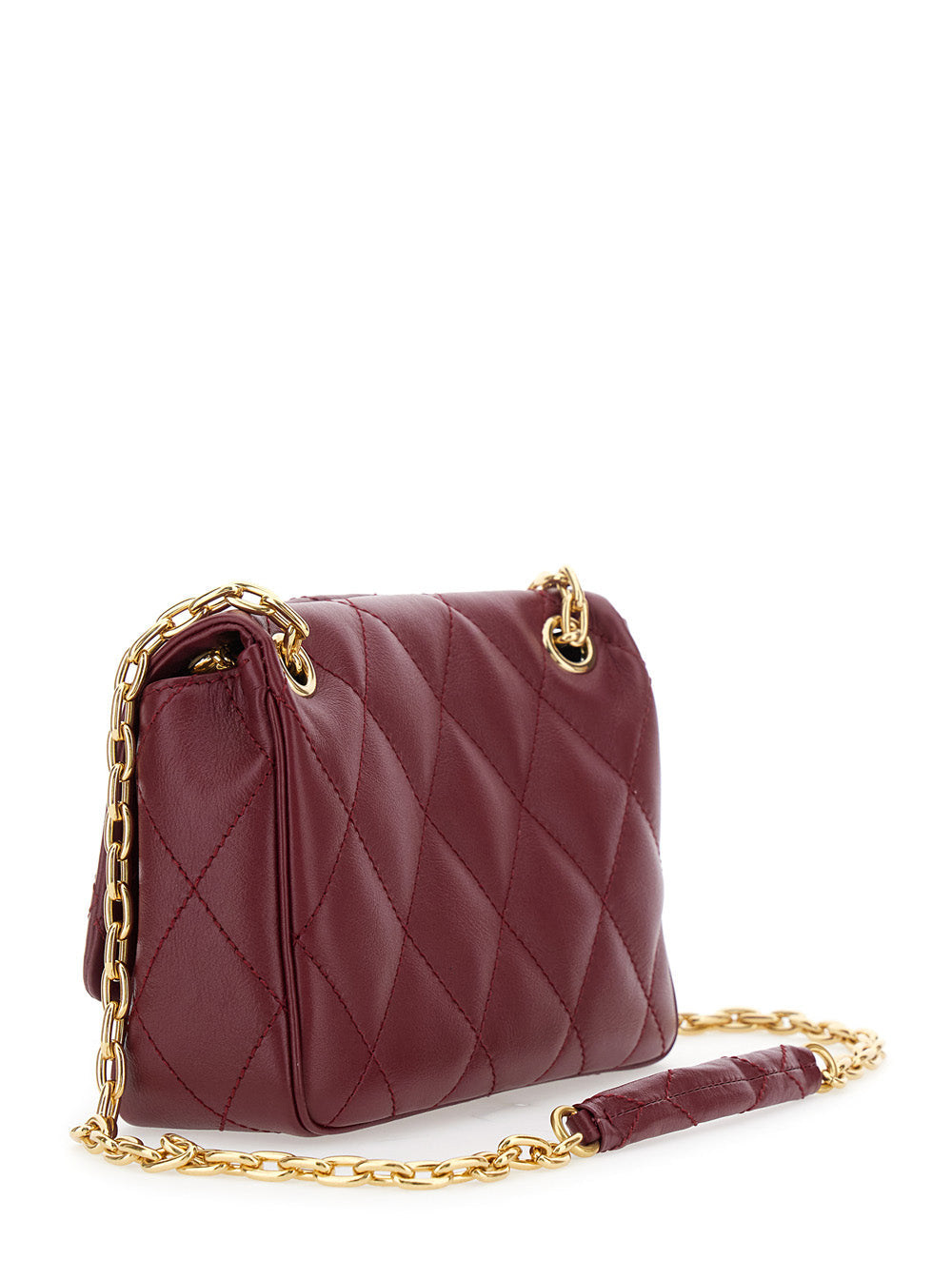 Women Bordeaux Quilted Crossbody Bag With Ekd Plaque On The Front And Chain - Link Shoulder Strap In Leather Woman