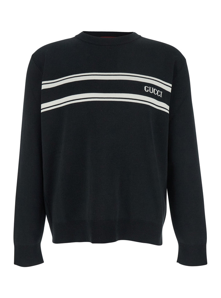 Men Black Sweater With Logo Lettering On The Front In Wool Man