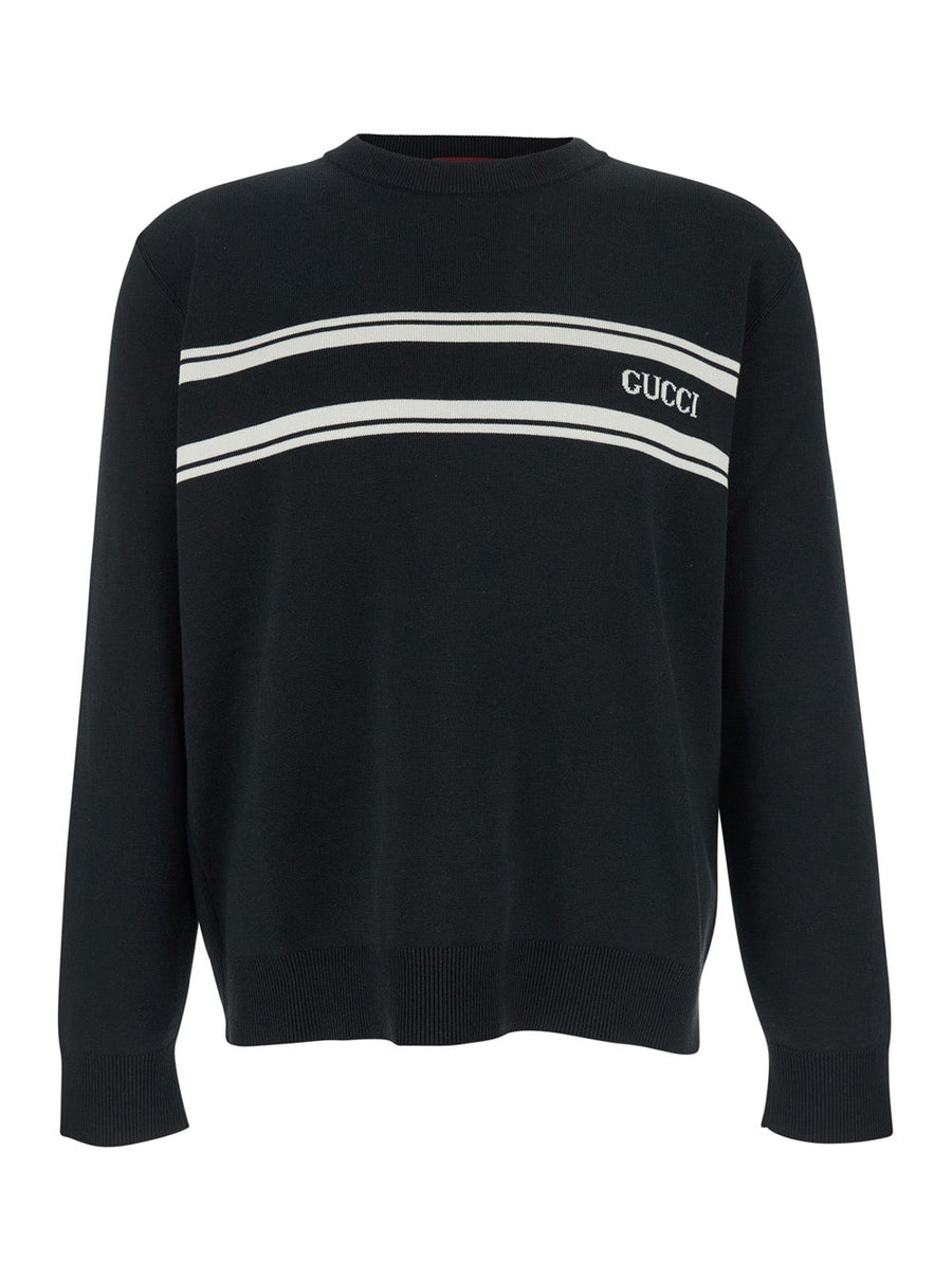 Men Black Sweater With Logo Lettering On The Front In Wool Man