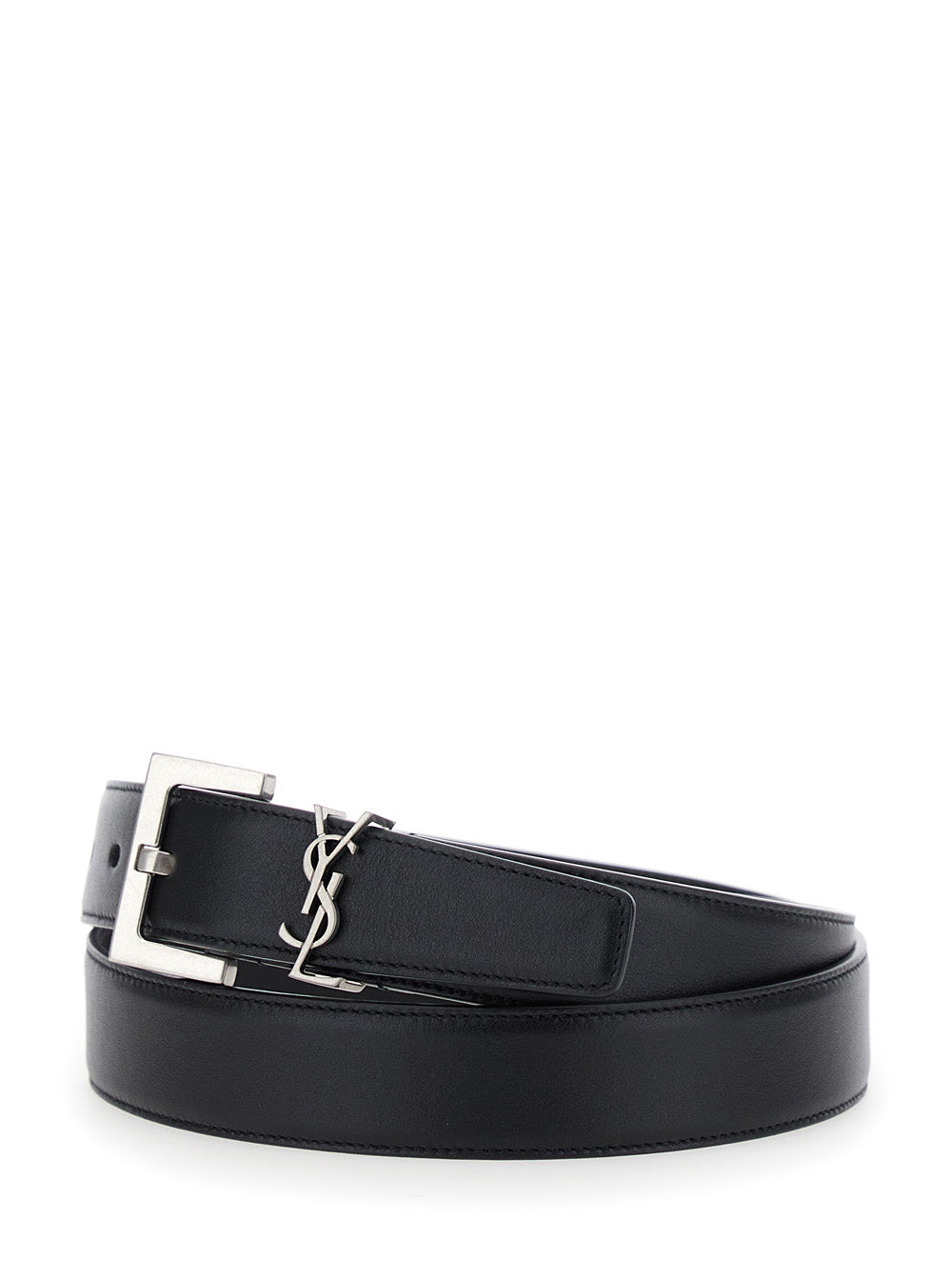 Women Belt With Cassandre Plate On The Front And Square Buckle In Black Leather For Women