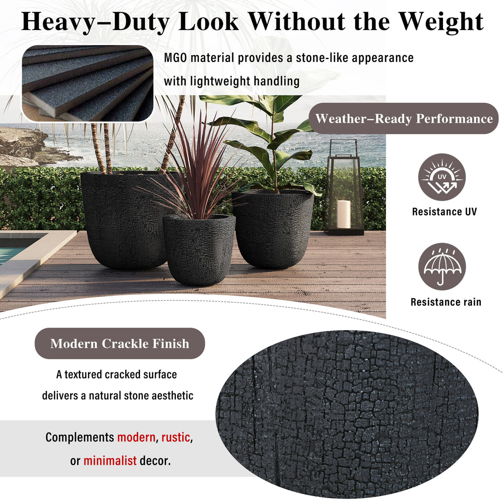 WONDERWALL 'Une Collection' Lightweight MGO Planter Set of 3 with Crackle Texture - Neutral