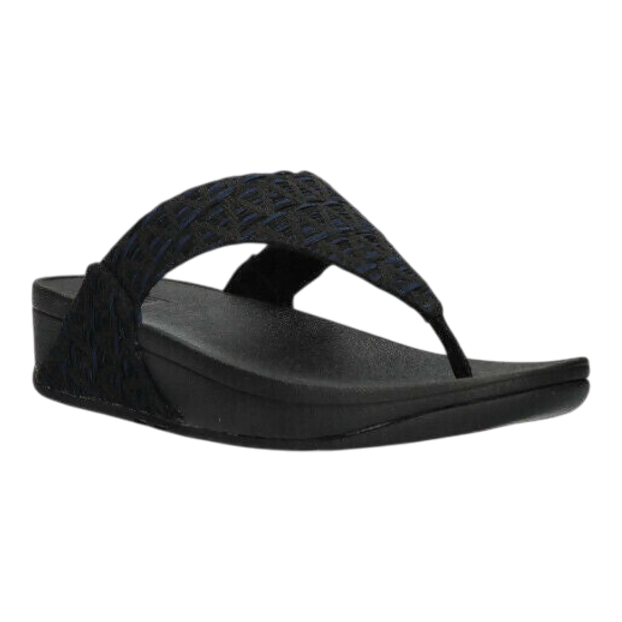 FitFlop Lulu FZ3-231 Women Toe-Post Sandals Black Geo-Webbing Slip-On Slippers