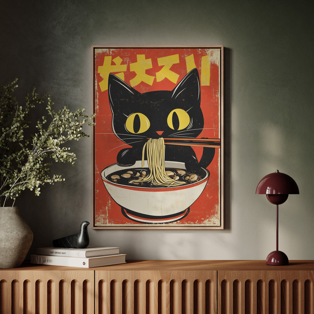 WONDERWALL 'L’Atelier Fun Collection' Retro Ramen Cat Poster – Japanese-Inspired Noodle Lover Wall Art