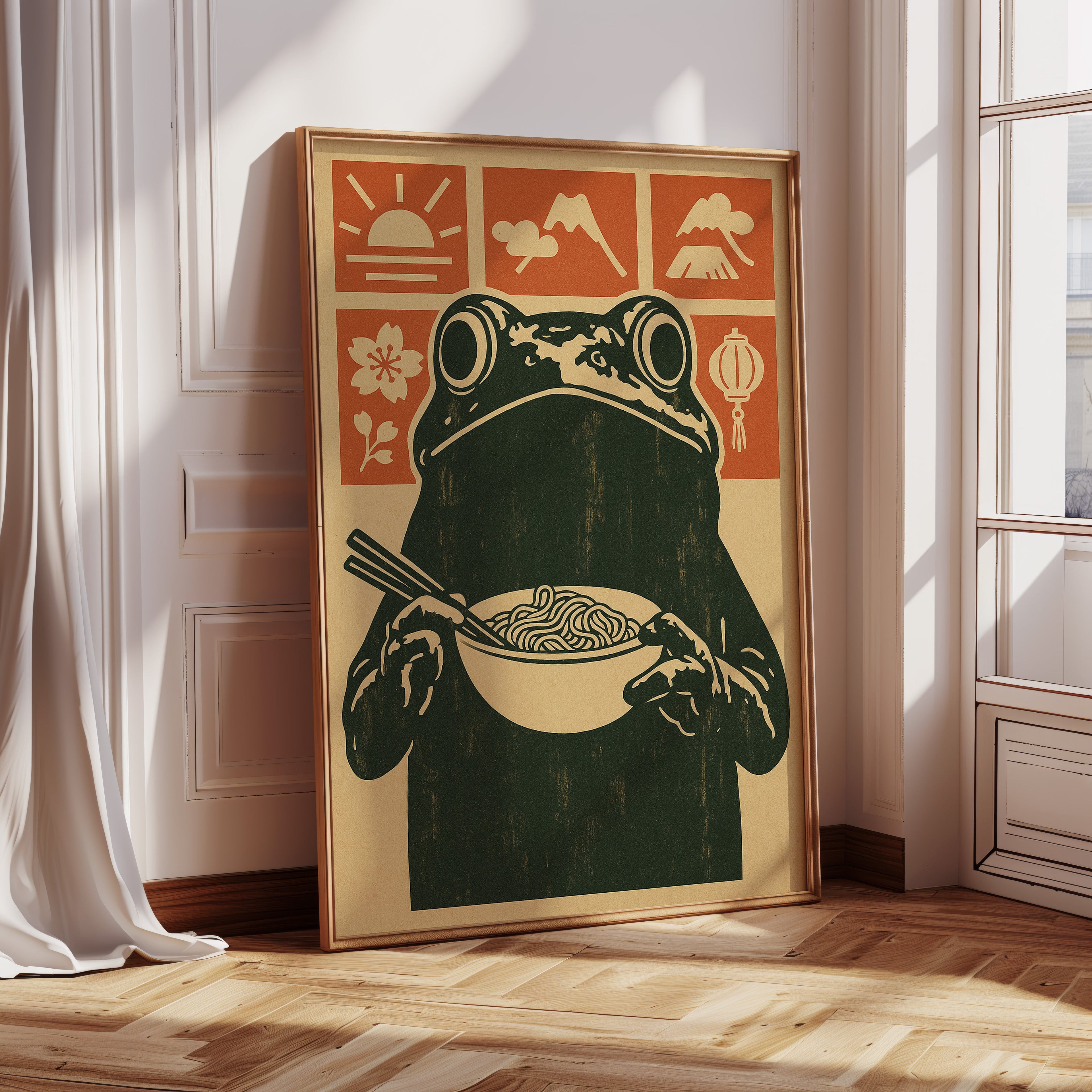 Ramen Frog Art in Retro Woodblock Style
