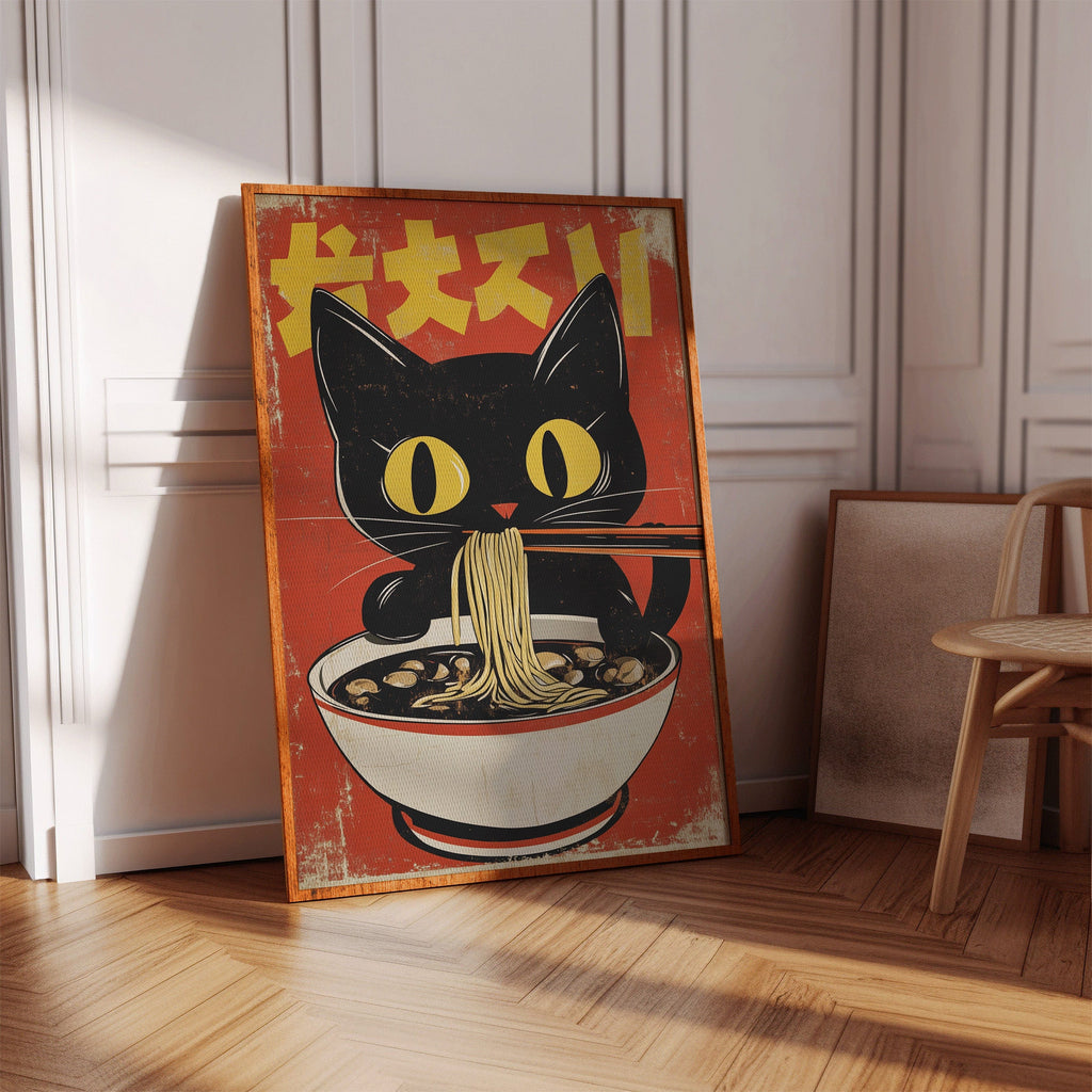 WONDERWALL 'L’Atelier Fun Collection' Retro Ramen Cat Poster – Japanese-Inspired Noodle Lover Wall Art
