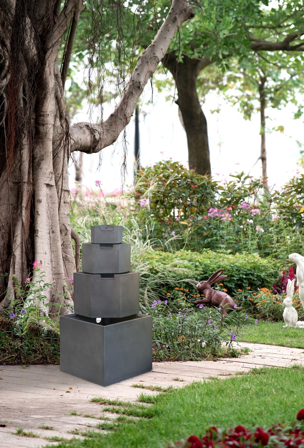 WONDERWALL 'Une Collection' Cement 4 Tier Block Water Fountain with Modern Design - Gray