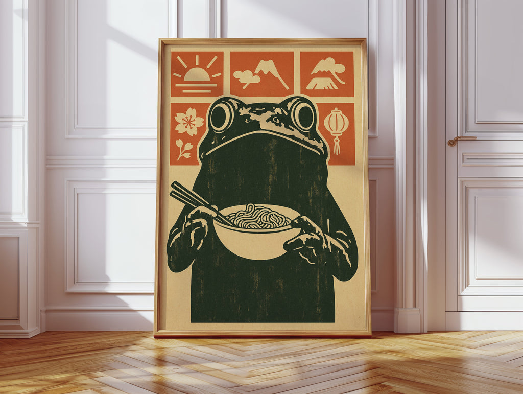 Ramen Frog Art in Retro Woodblock Style