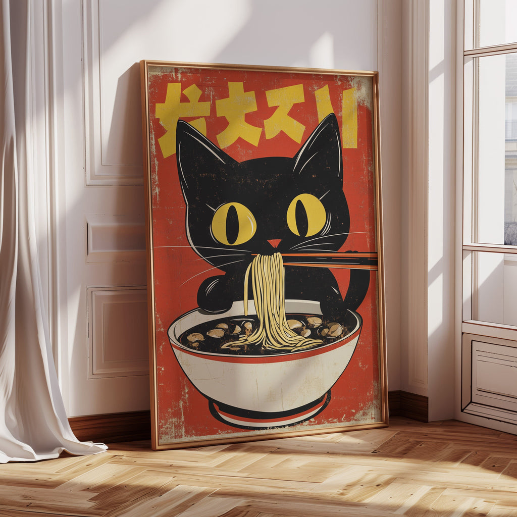 WONDERWALL 'L’Atelier Fun Collection' Retro Ramen Cat Poster – Japanese-Inspired Noodle Lover Wall Art