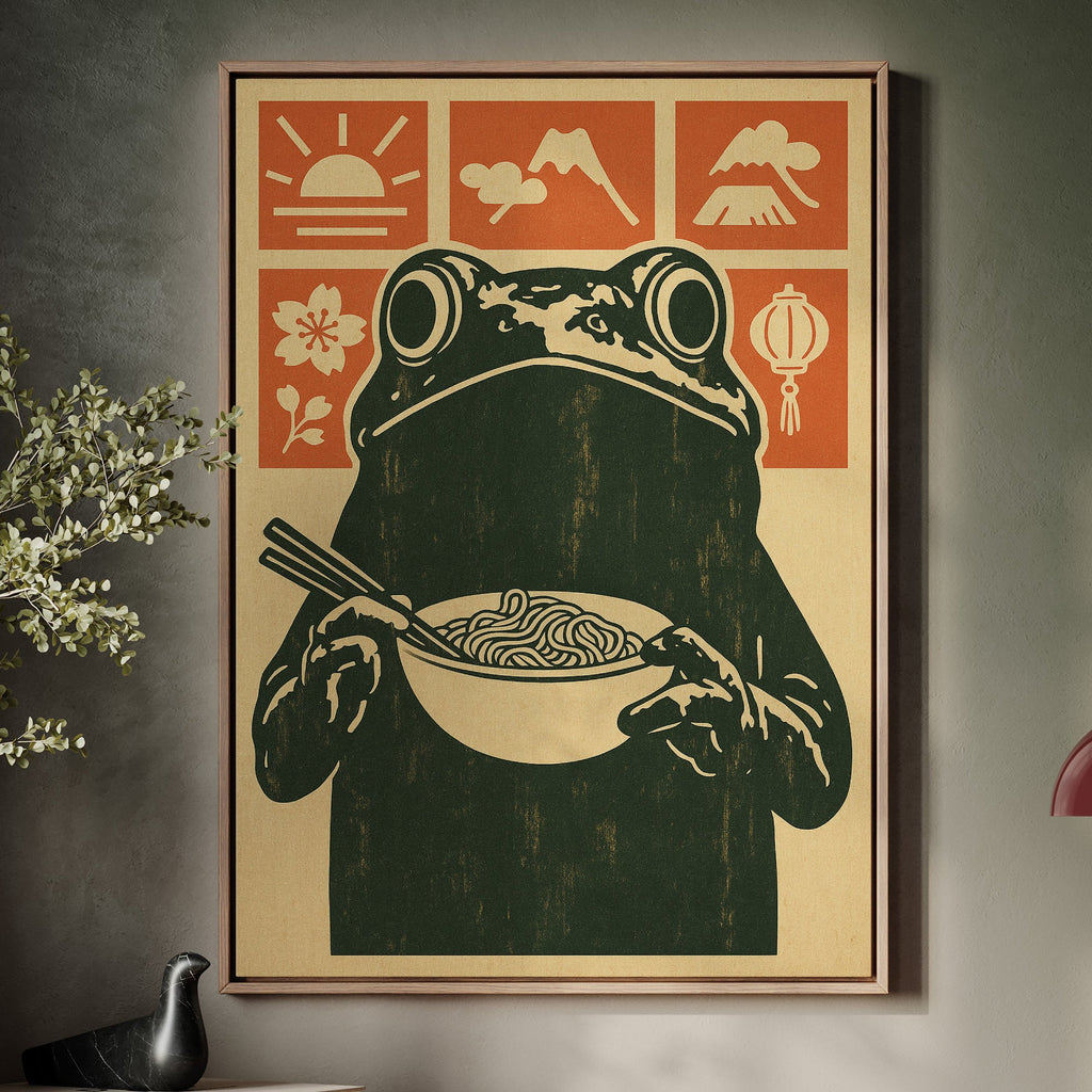 Ramen Frog Art in Retro Woodblock Style