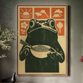 Ramen Frog Art in Retro Woodblock Style