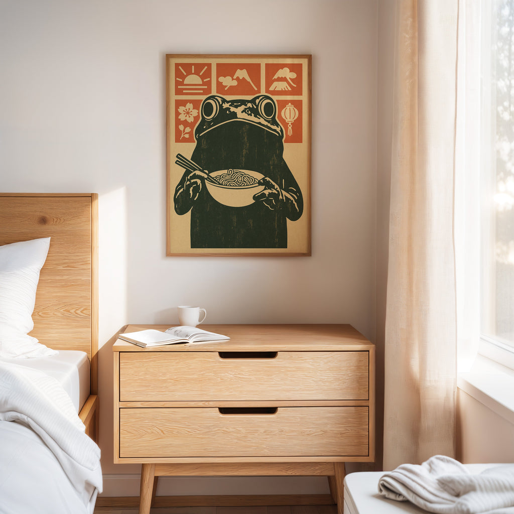 Ramen Frog Art in Retro Woodblock Style