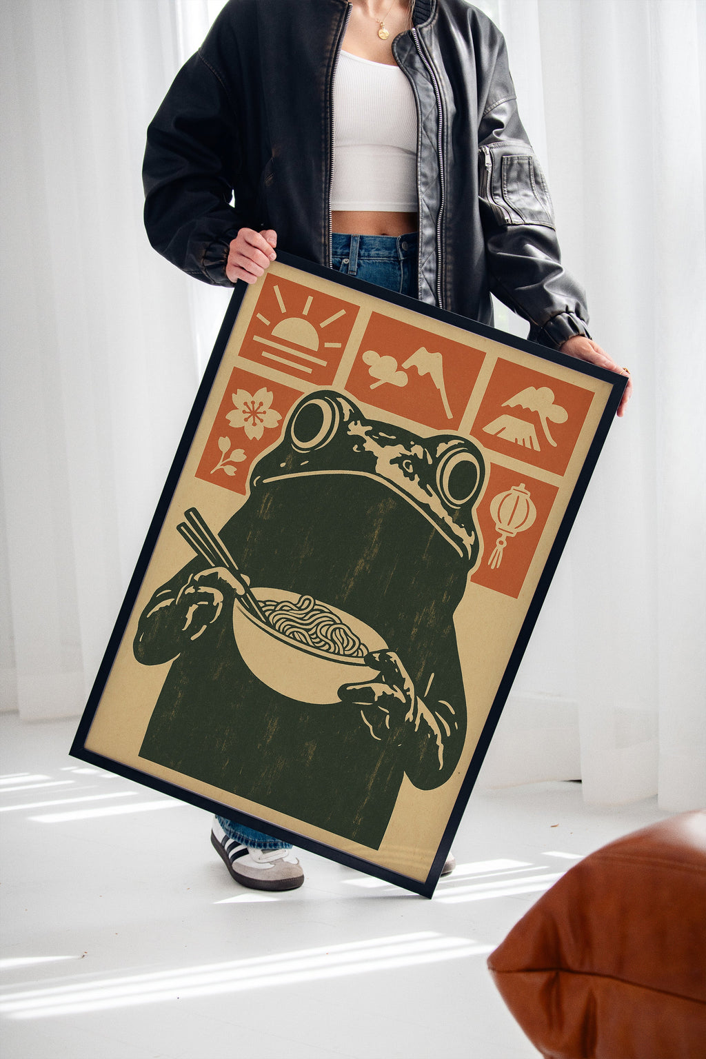 Ramen Frog Art in Retro Woodblock Style