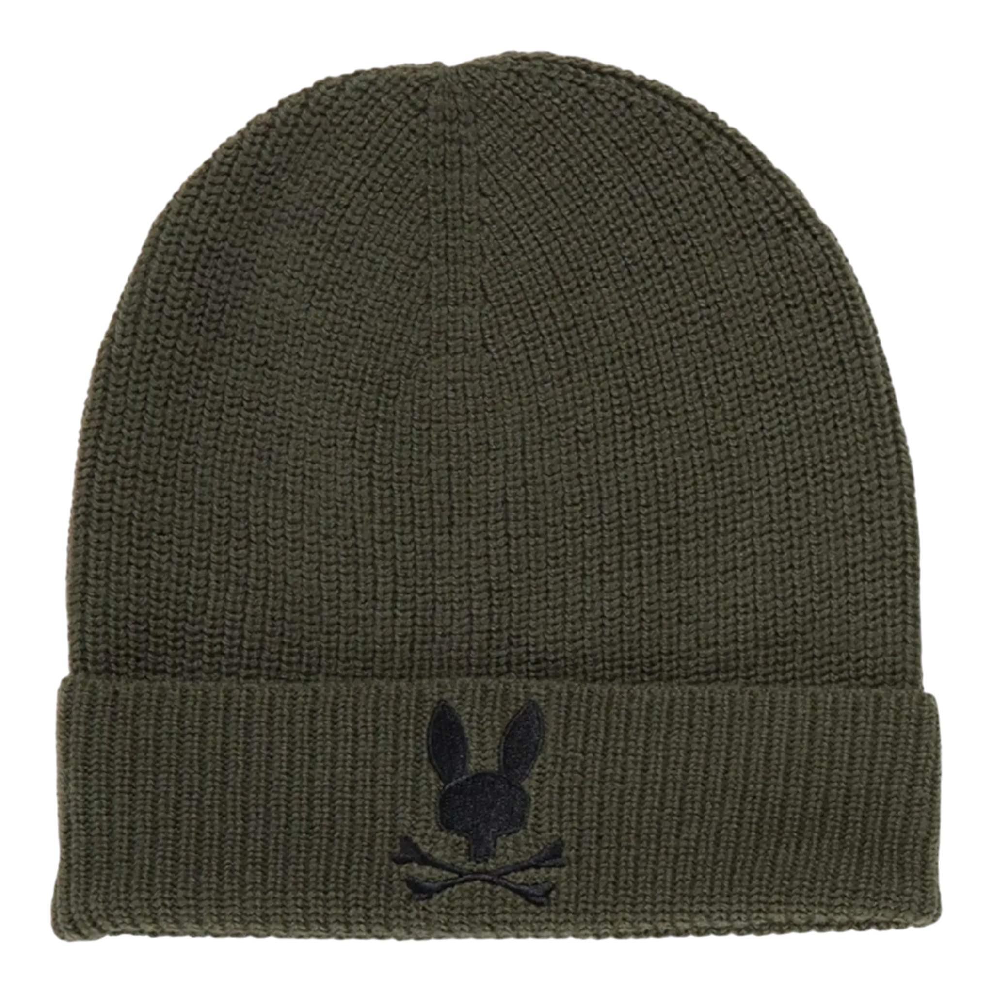 Psycho Bunny Allen Merino Wool Knit Cuff Women Beanie Dark Olive