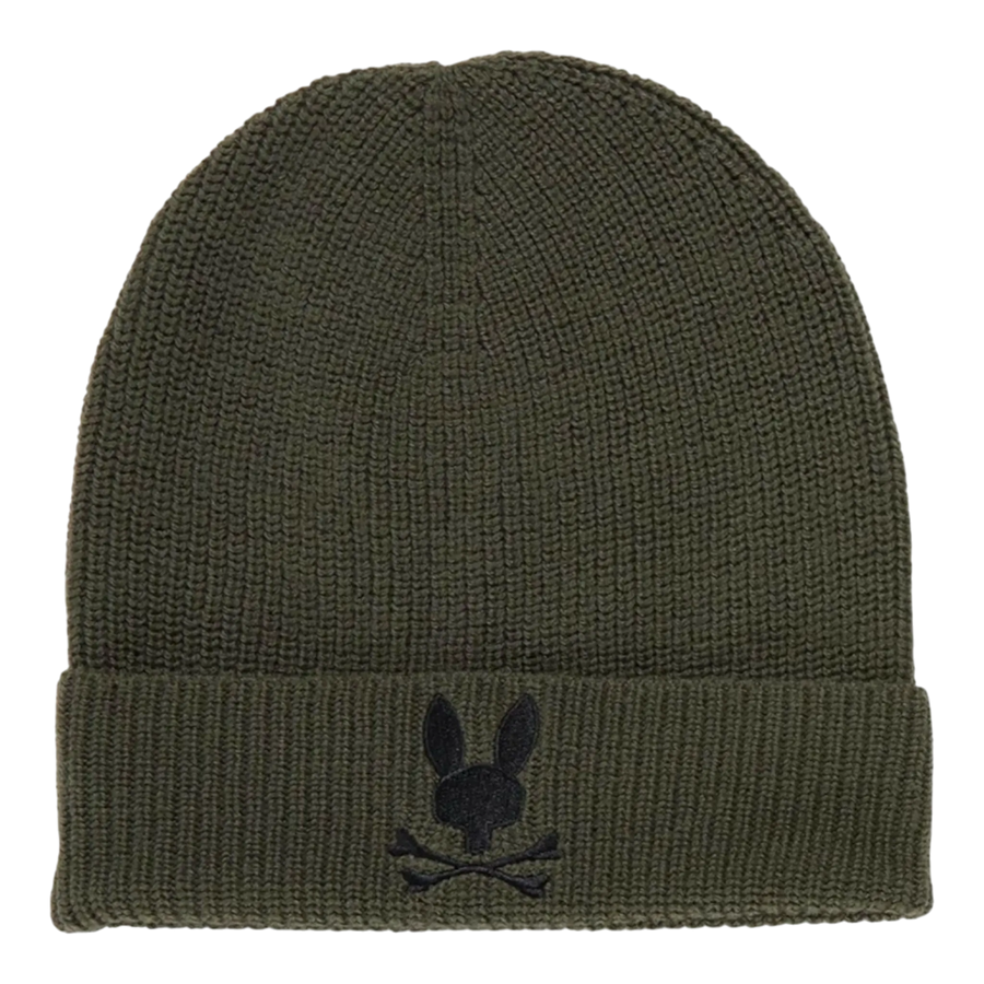 Psycho Bunny Allen Merino Wool Knit Cuff Women Beanie Dark Olive