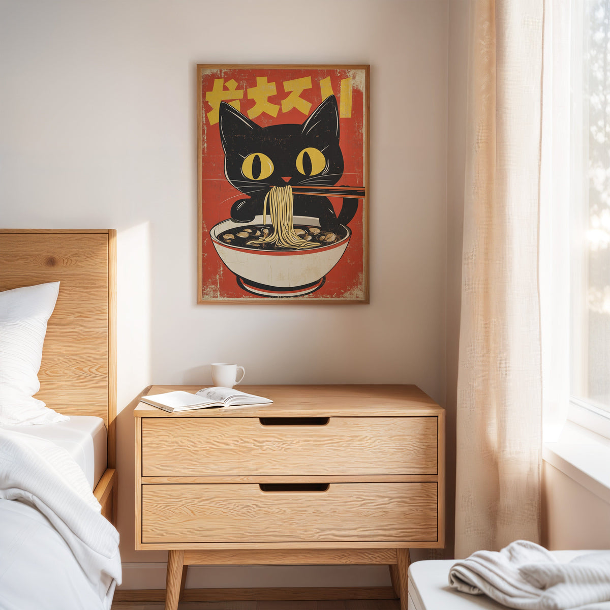 WONDERWALL 'L’Atelier Fun Collection' Retro Ramen Cat Poster – Japanese-Inspired Noodle Lover Wall Art