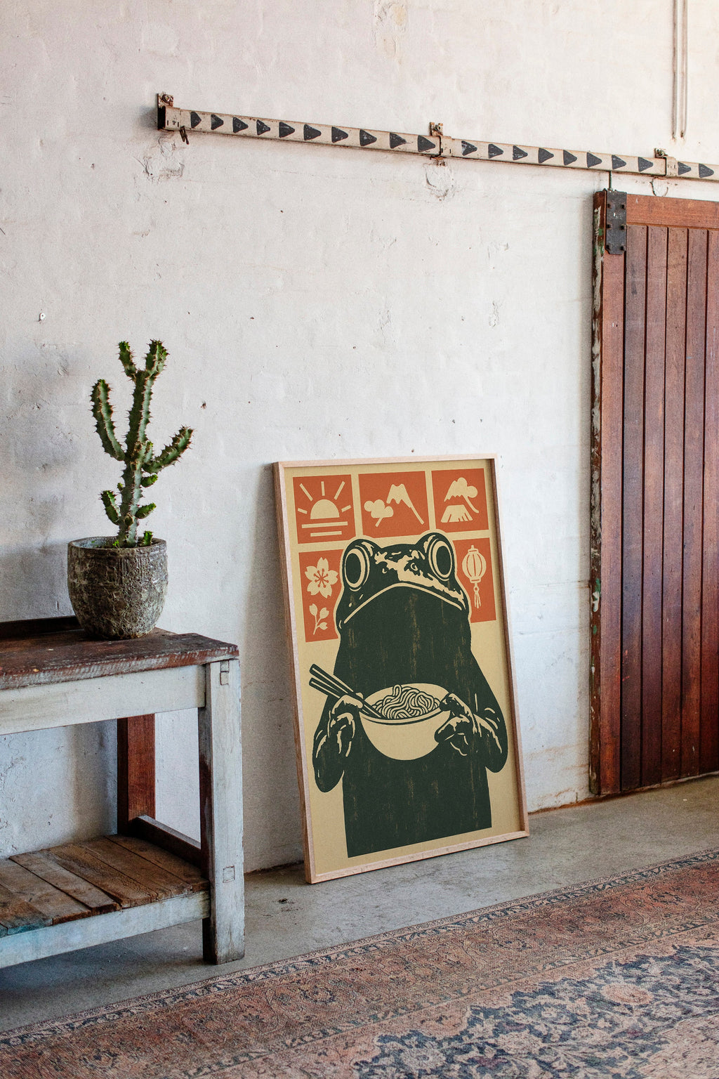 Ramen Frog Art in Retro Woodblock Style