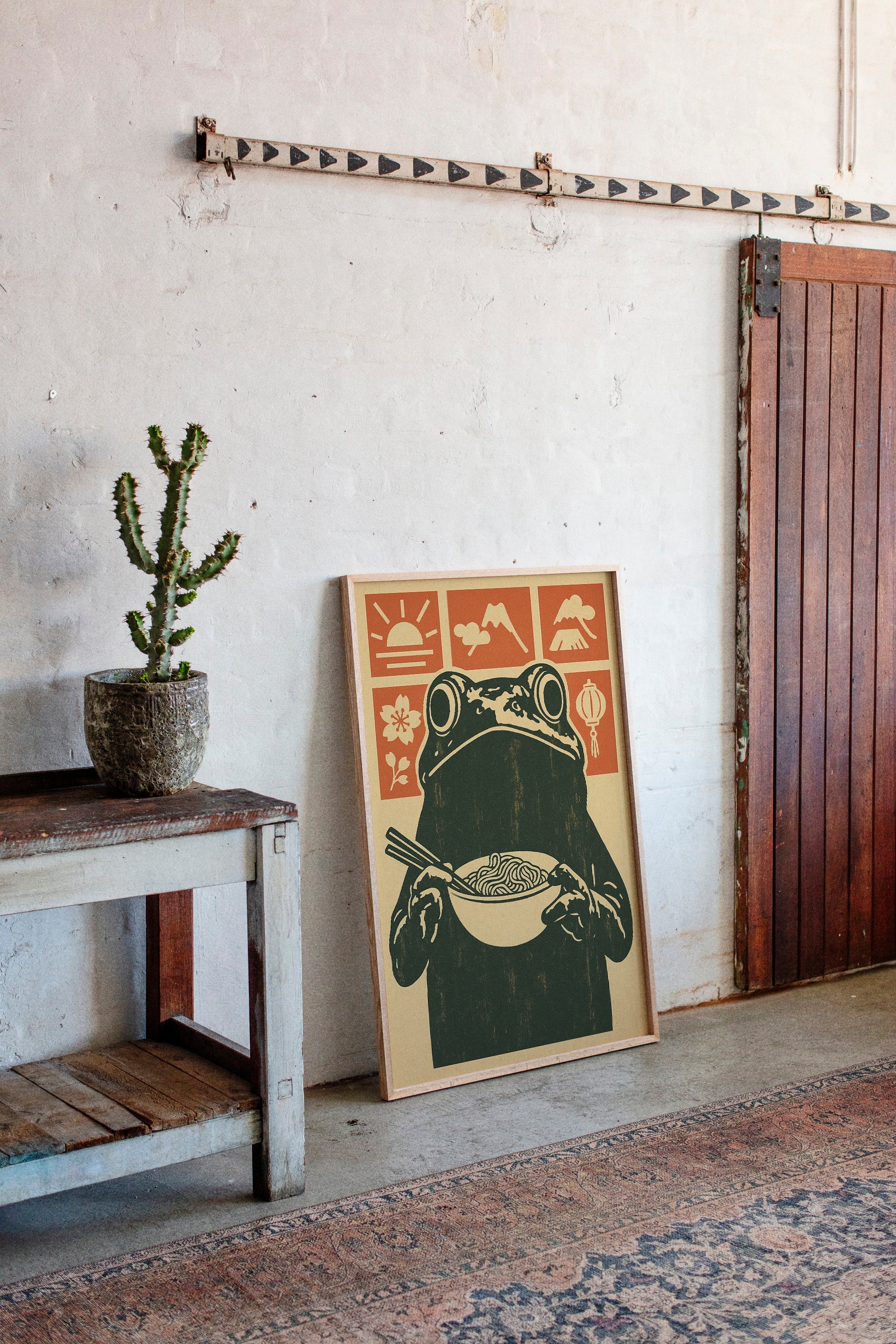 Ramen Frog Art in Retro Woodblock Style