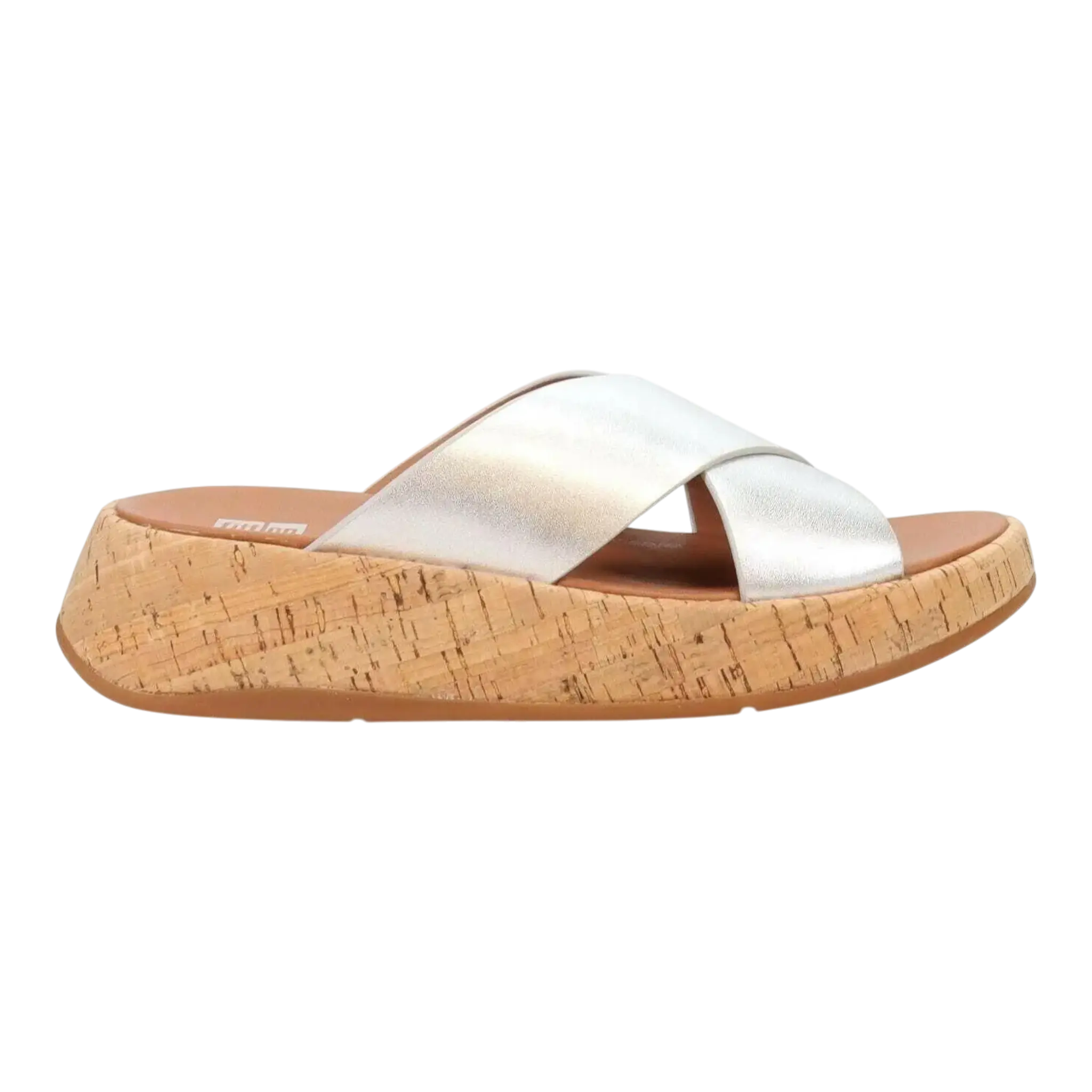 FitFlop F-Mode Women Cross Sandals Silver Leather Cork Flatform