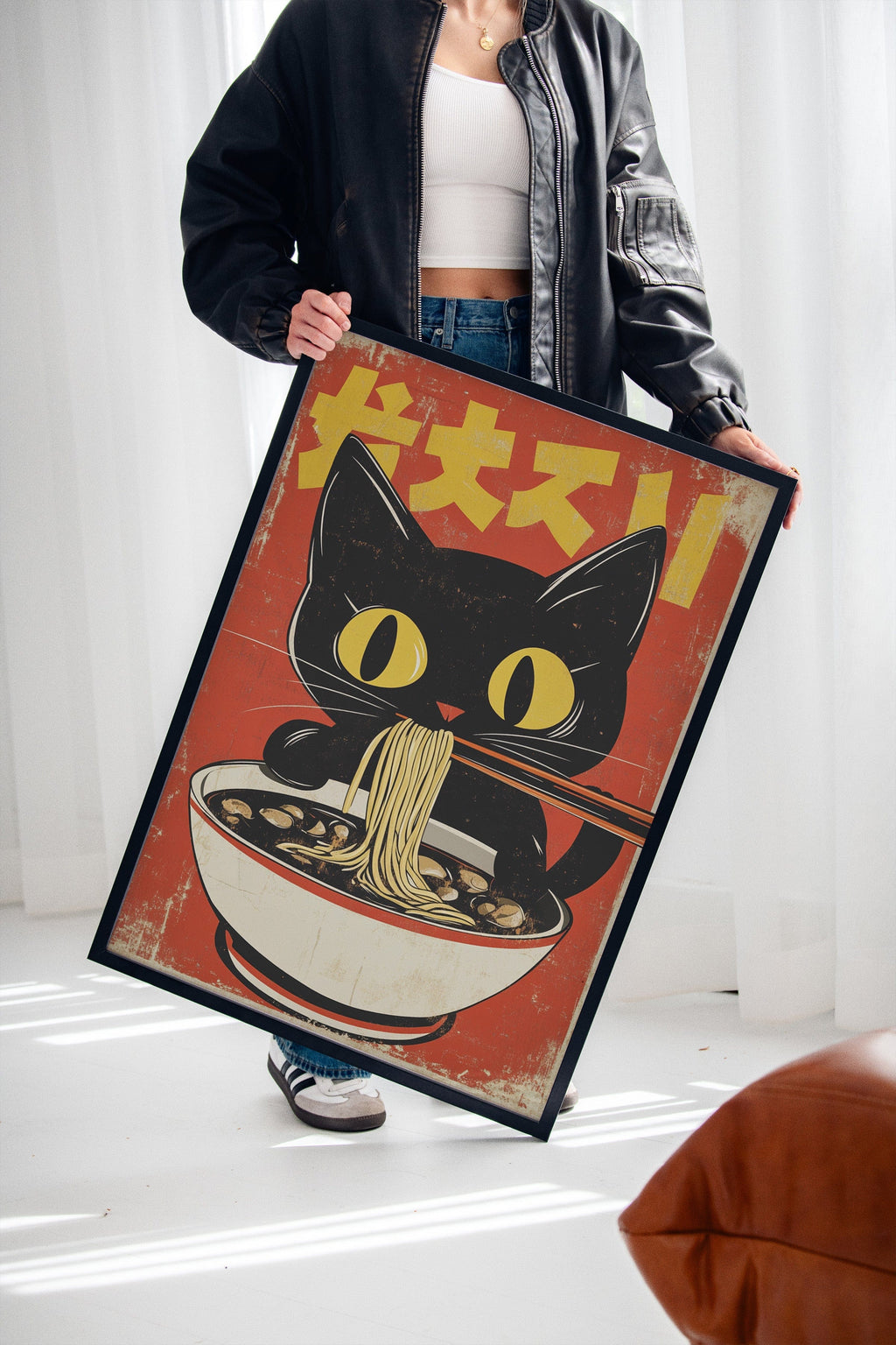WONDERWALL 'L’Atelier Fun Collection' Retro Ramen Cat Poster – Japanese-Inspired Noodle Lover Wall Art