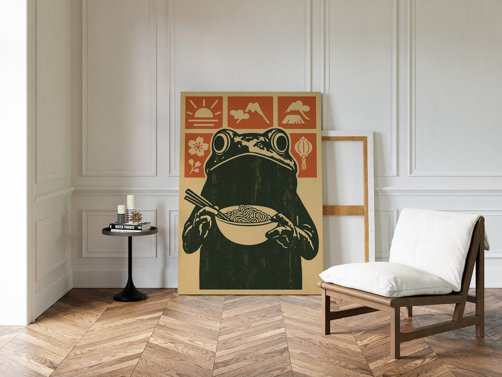 Ramen Frog Art in Retro Woodblock Style