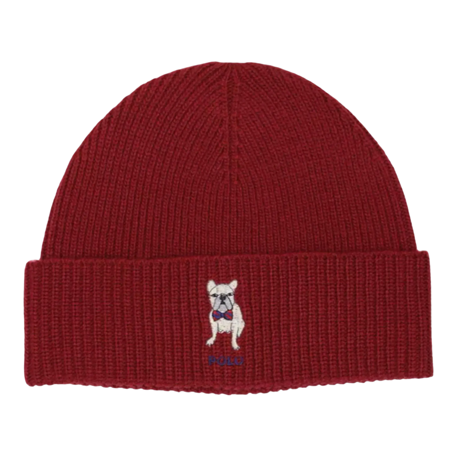 Polo Ralph Lauren Embroidered Frenchie Rib-Knit Women Beanie Holiday Red