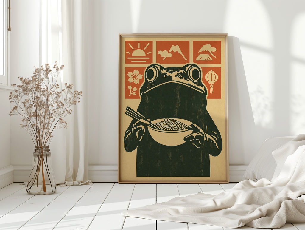 Ramen Frog Art in Retro Woodblock Style
