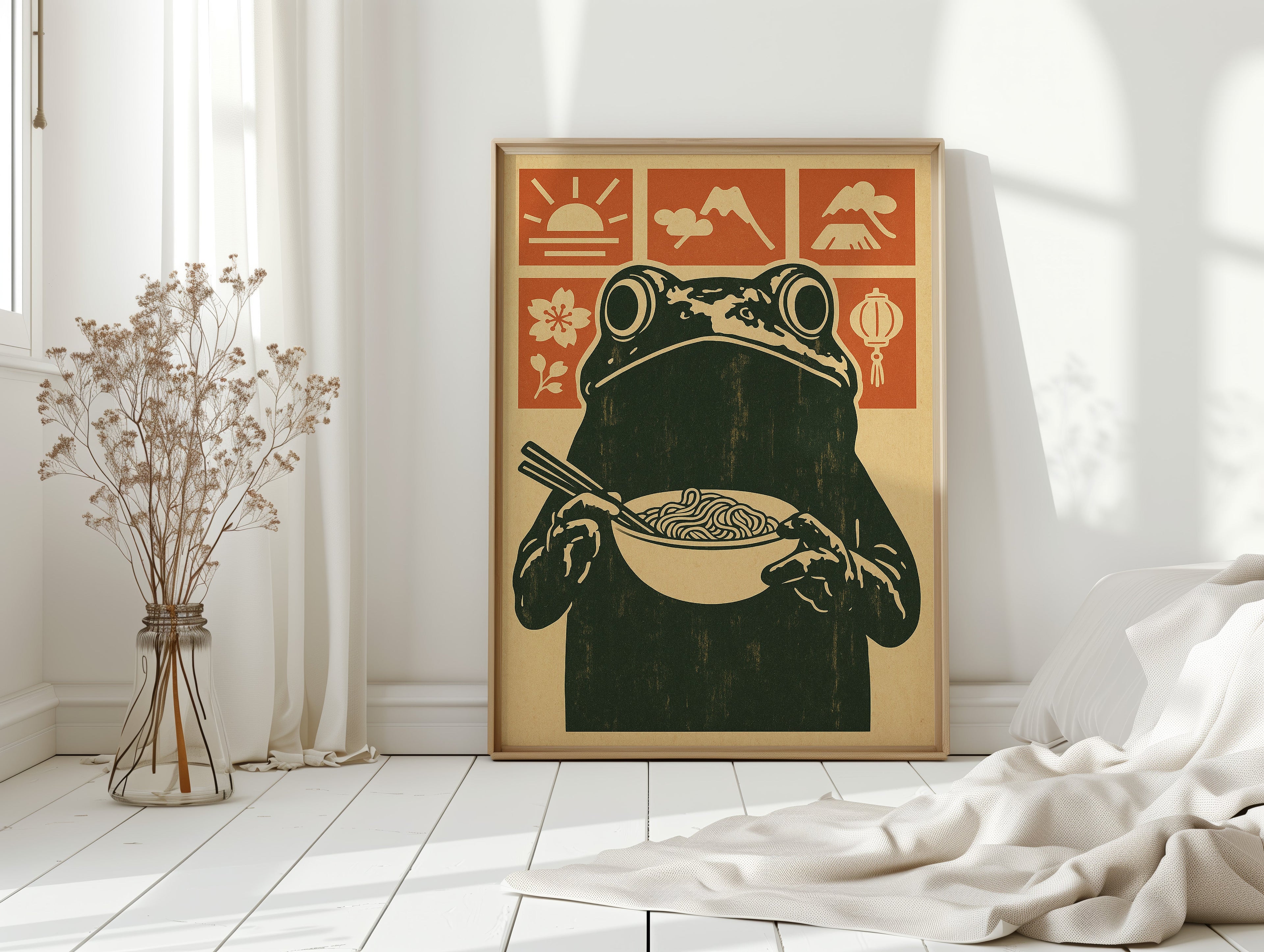 Ramen Frog Art in Retro Woodblock Style