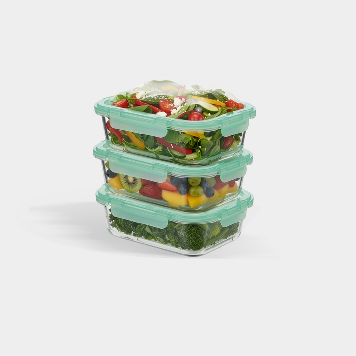Genicook Three-Piece Glass Container Set with Flexible Teal Silicone Lids