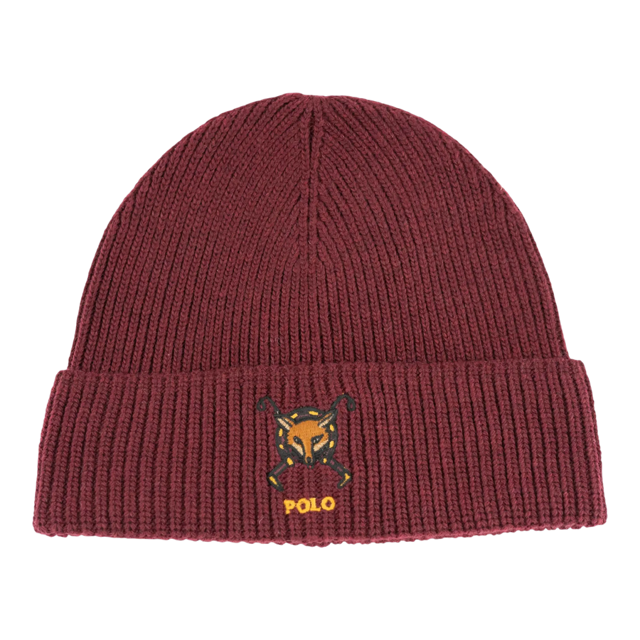 Polo Ralph Lauren Embroidered Fox Rib-Knit Women Beanie Rich Ruby