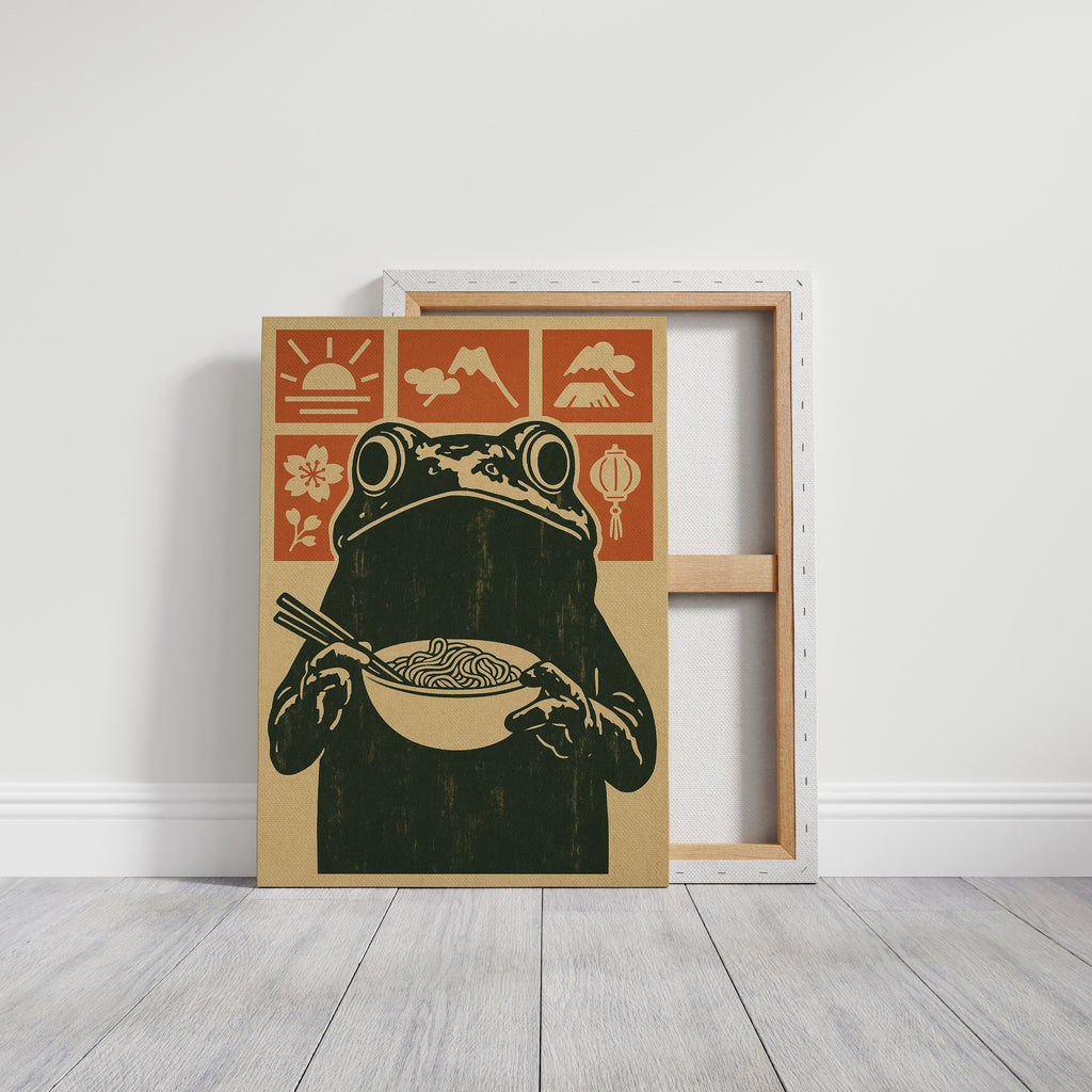 Ramen Frog Art in Retro Woodblock Style