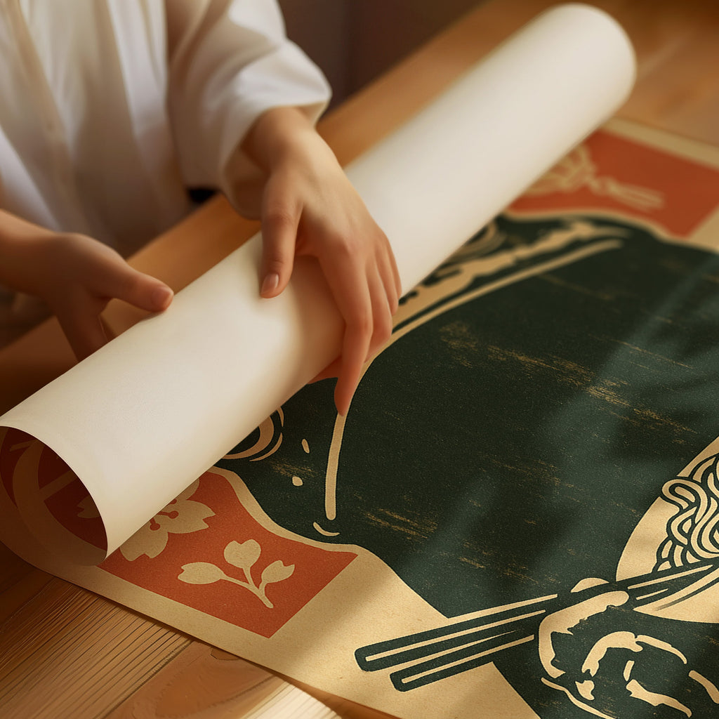 Ramen Frog Art in Retro Woodblock Style
