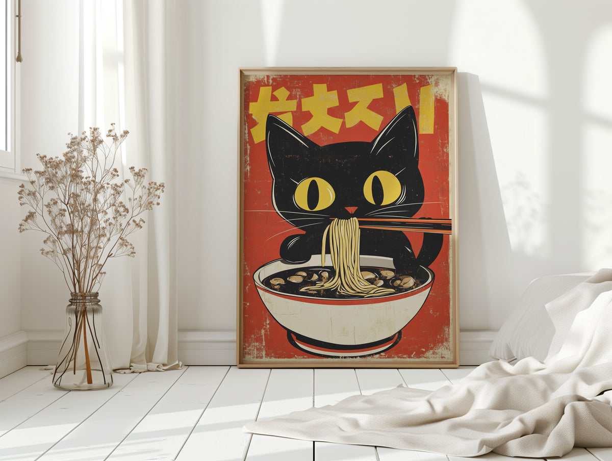WONDERWALL 'L’Atelier Fun Collection' Retro Ramen Cat Poster – Japanese-Inspired Noodle Lover Wall Art