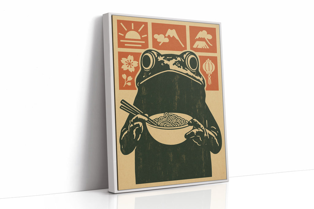 Ramen Frog Art in Retro Woodblock Style
