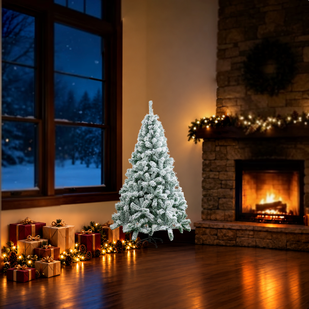 Approx. 5 ft Snow-Flocked Artificial Christmas Tree in the WONDERWALL holiday room; source-preserving review image with estimated scale. Limited-resolution original source.