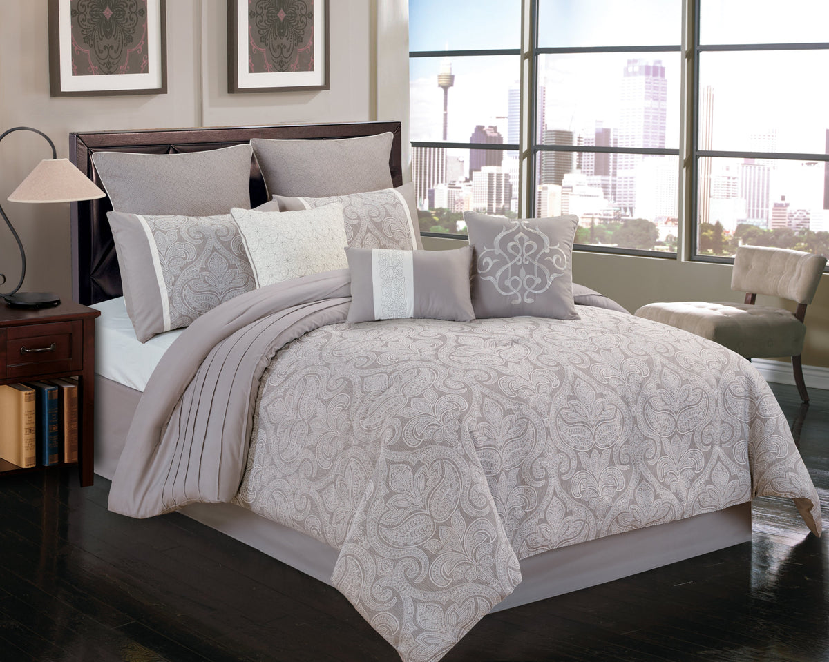 WONDERWALL 'Une Collection' Grey Damask Jacquard 9 Piece Comforter Set with Soft Fill - Grey
