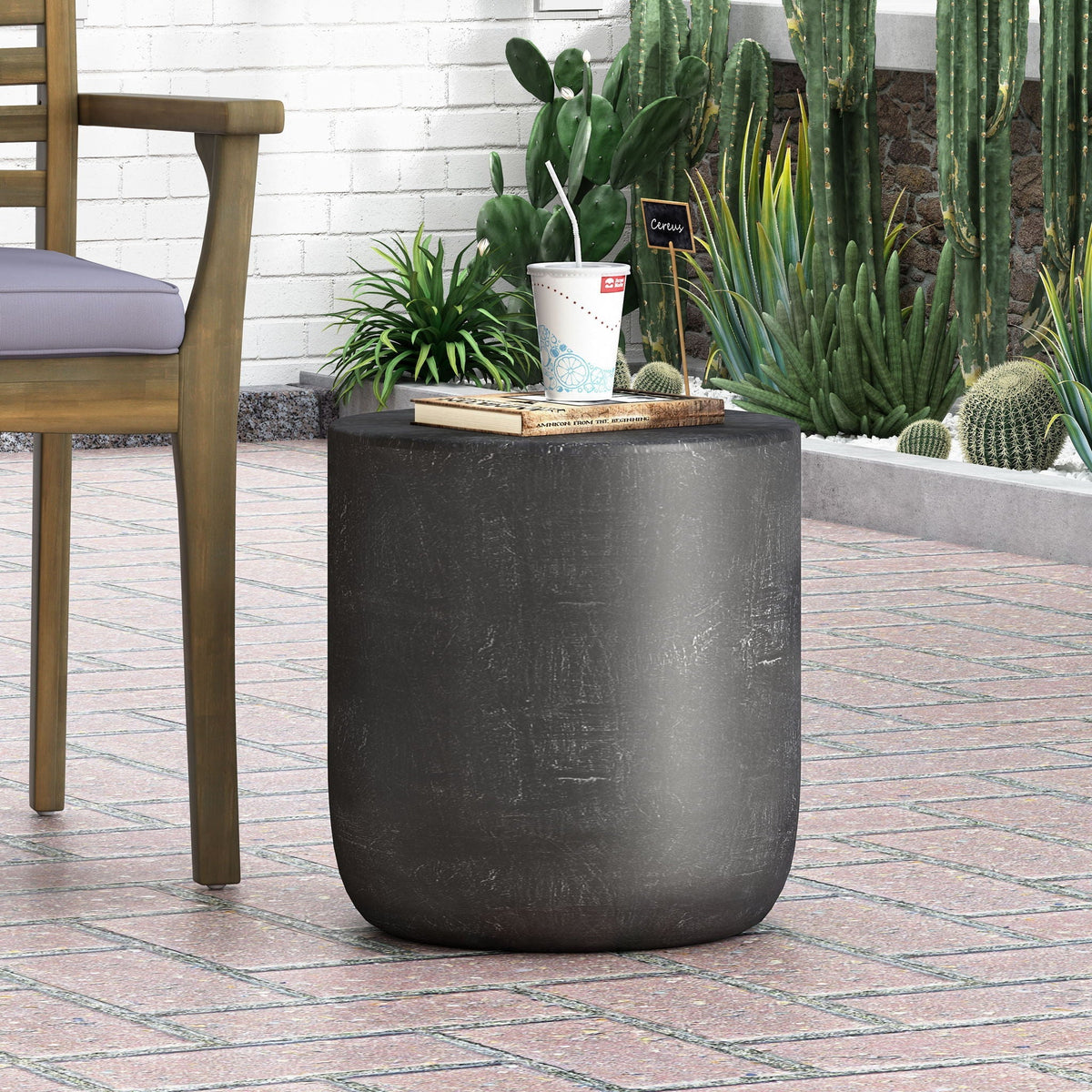 WONDERWALL 'Une Collection' Outdoor Lightweight Concrete End Table with Natural Texture - Matte Black