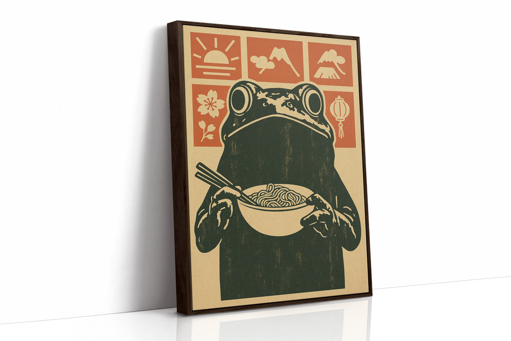 Ramen Frog Art in Retro Woodblock Style