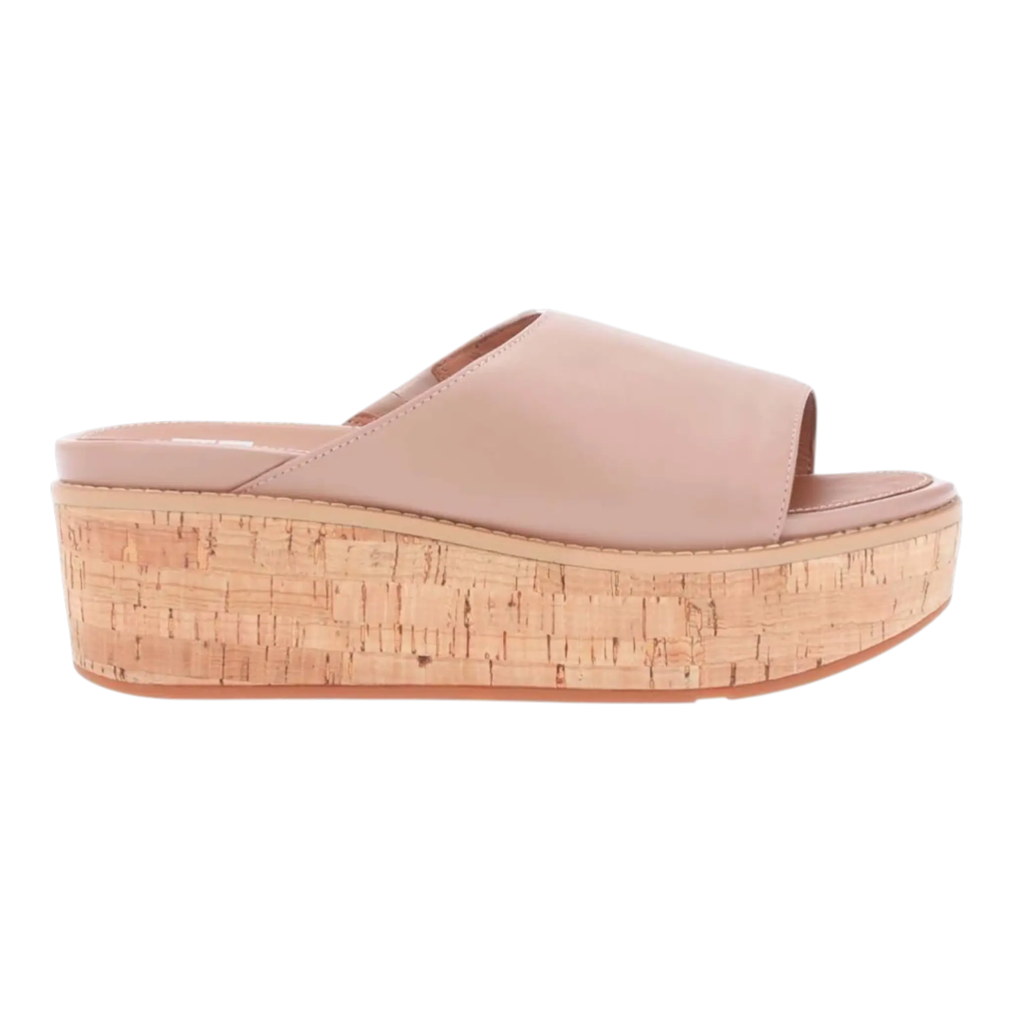 FitFlop Eloise Women Slides Sandals Stone Pink Beige Leather Cork Wrap Wedge