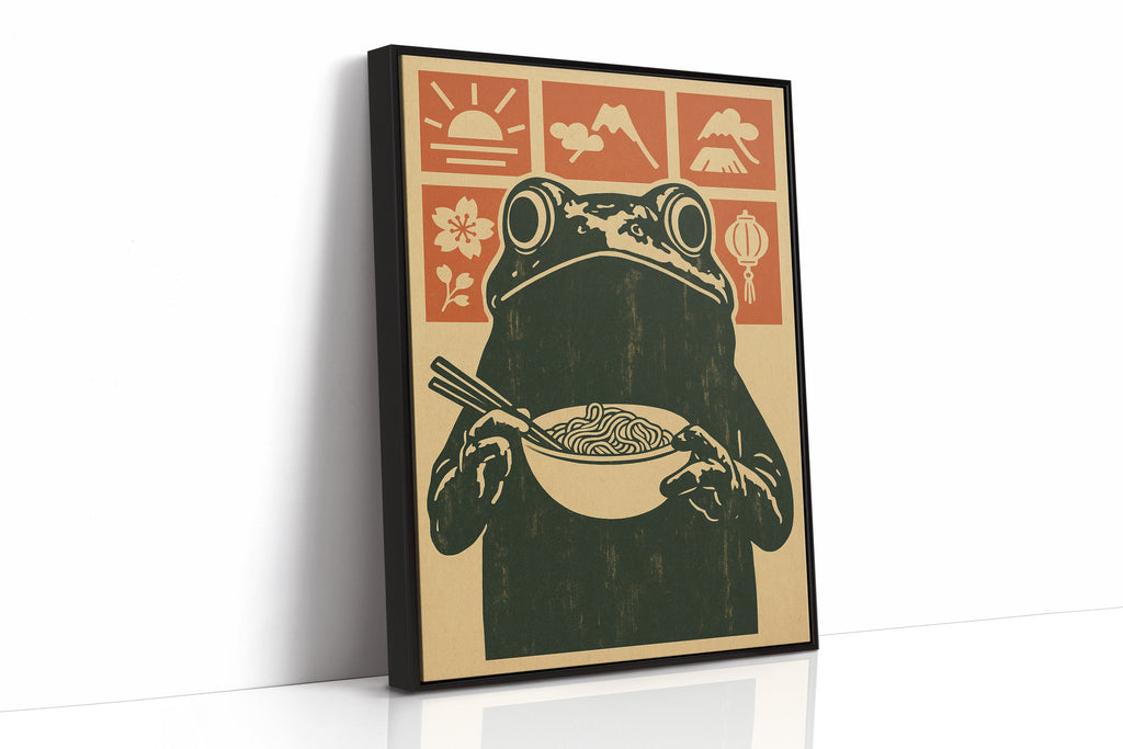 Ramen Frog Art in Retro Woodblock Style