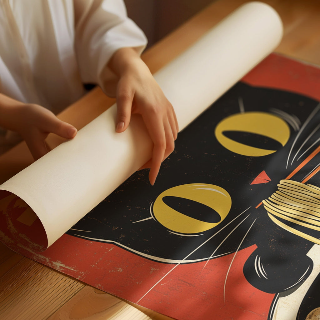 WONDERWALL 'L’Atelier Fun Collection' Retro Ramen Cat Poster – Japanese-Inspired Noodle Lover Wall Art