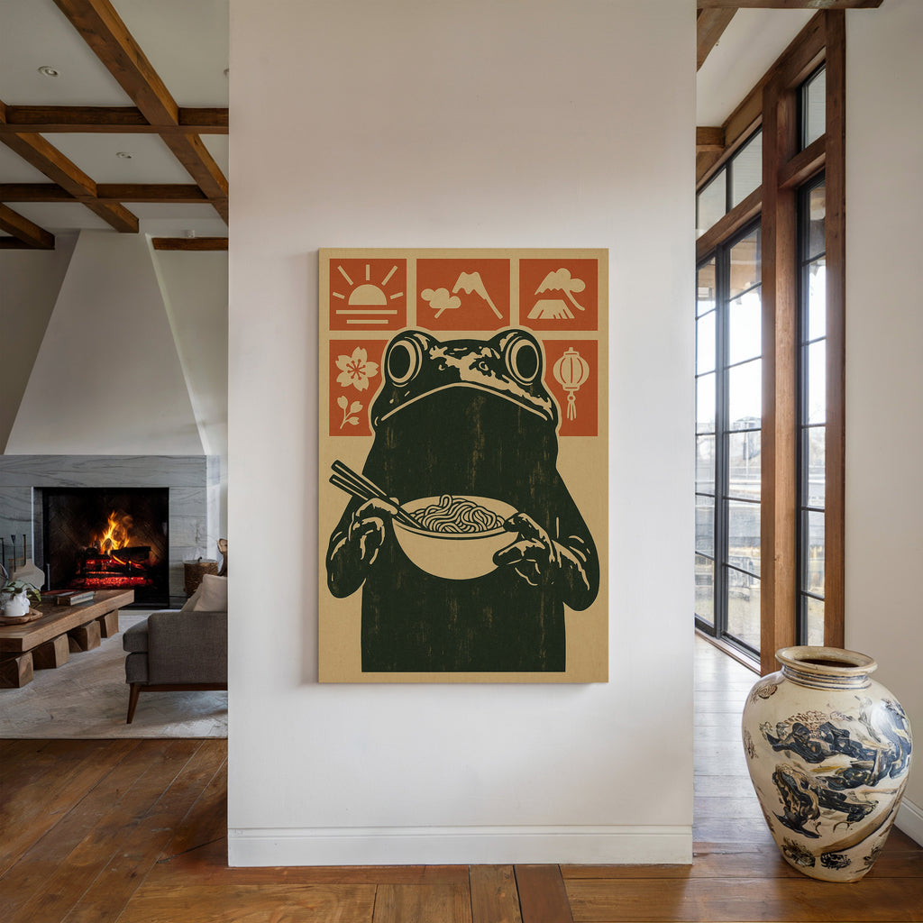 Ramen Frog Art in Retro Woodblock Style